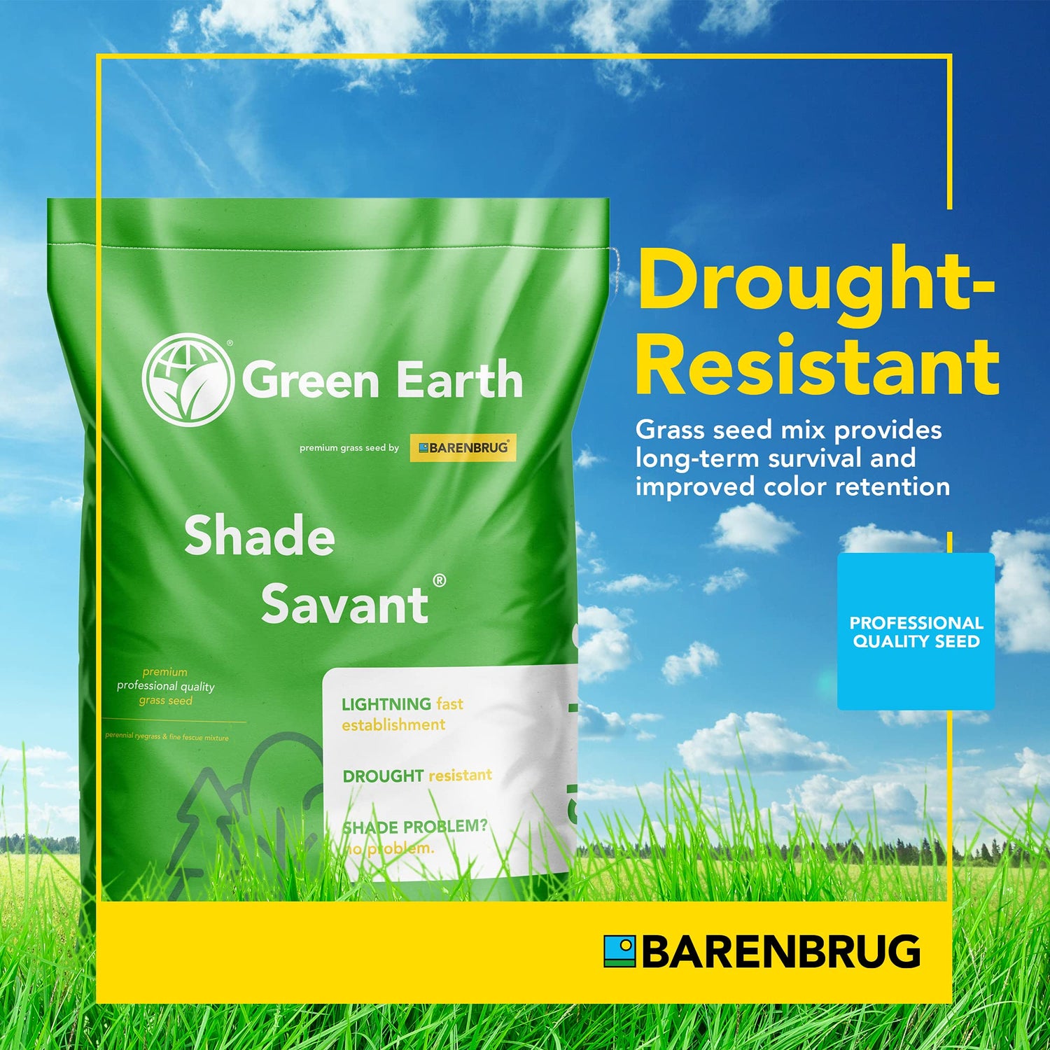 Green Earth Shade Savant grass seed mix packaging with a blue sky and grass background