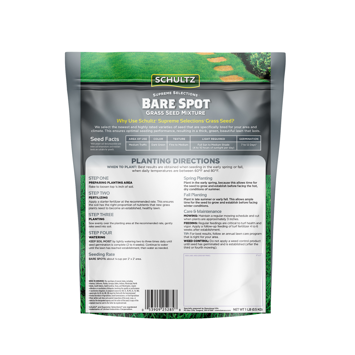 Schultz Bare Spot Grass Seed Mixture packaging with planting directions on a white background