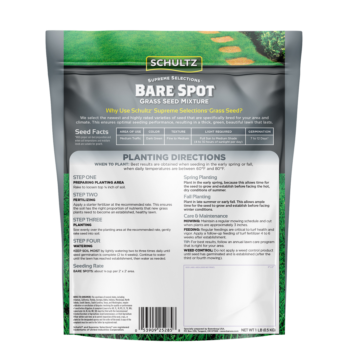 Schultz Bare Spot Grass Seed Mixture packaging with planting directions on a white background