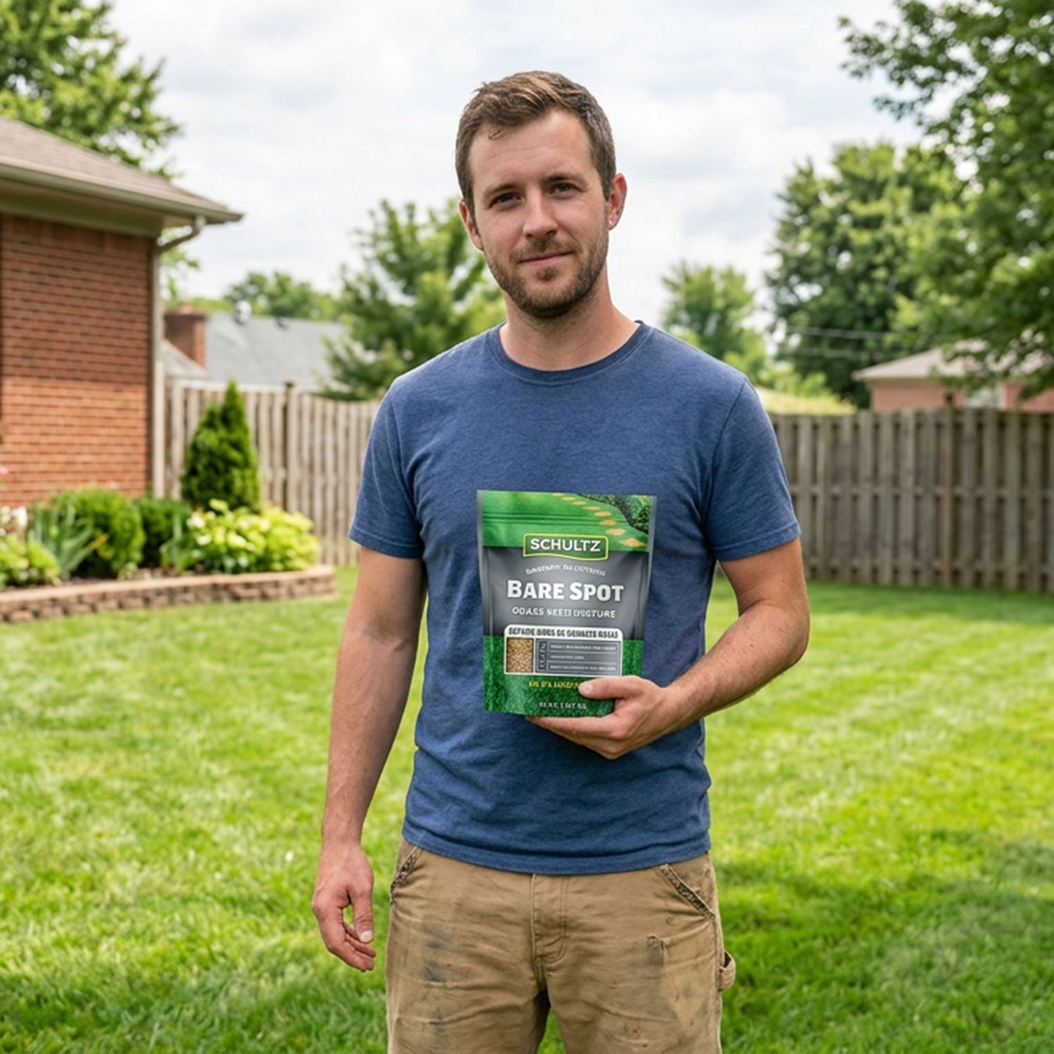Man holding a package of Schultz Bare Spot grass seed in a backyard setting