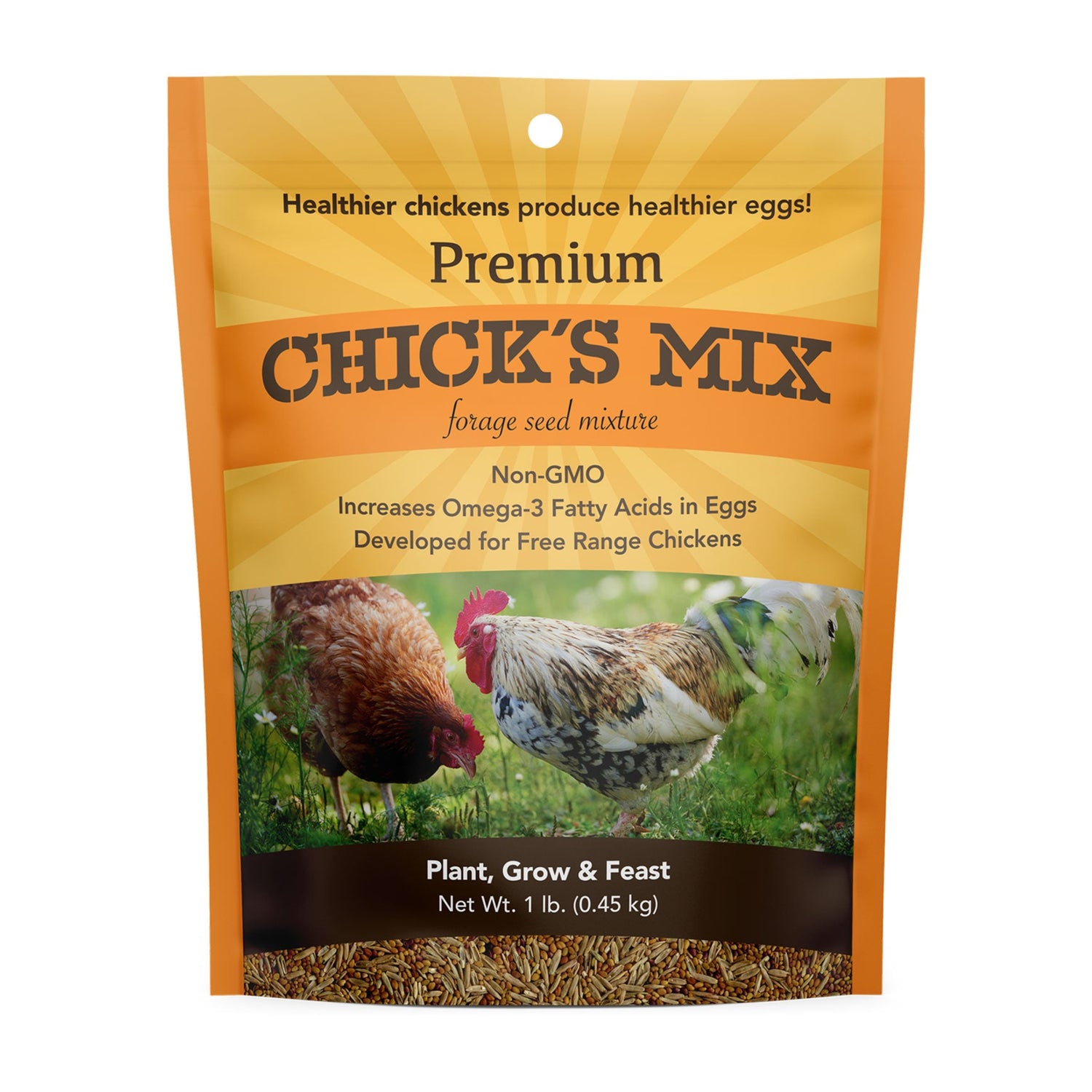 Package of Premium Chick's Mix forage seed mixture with chicken imagery on a white background