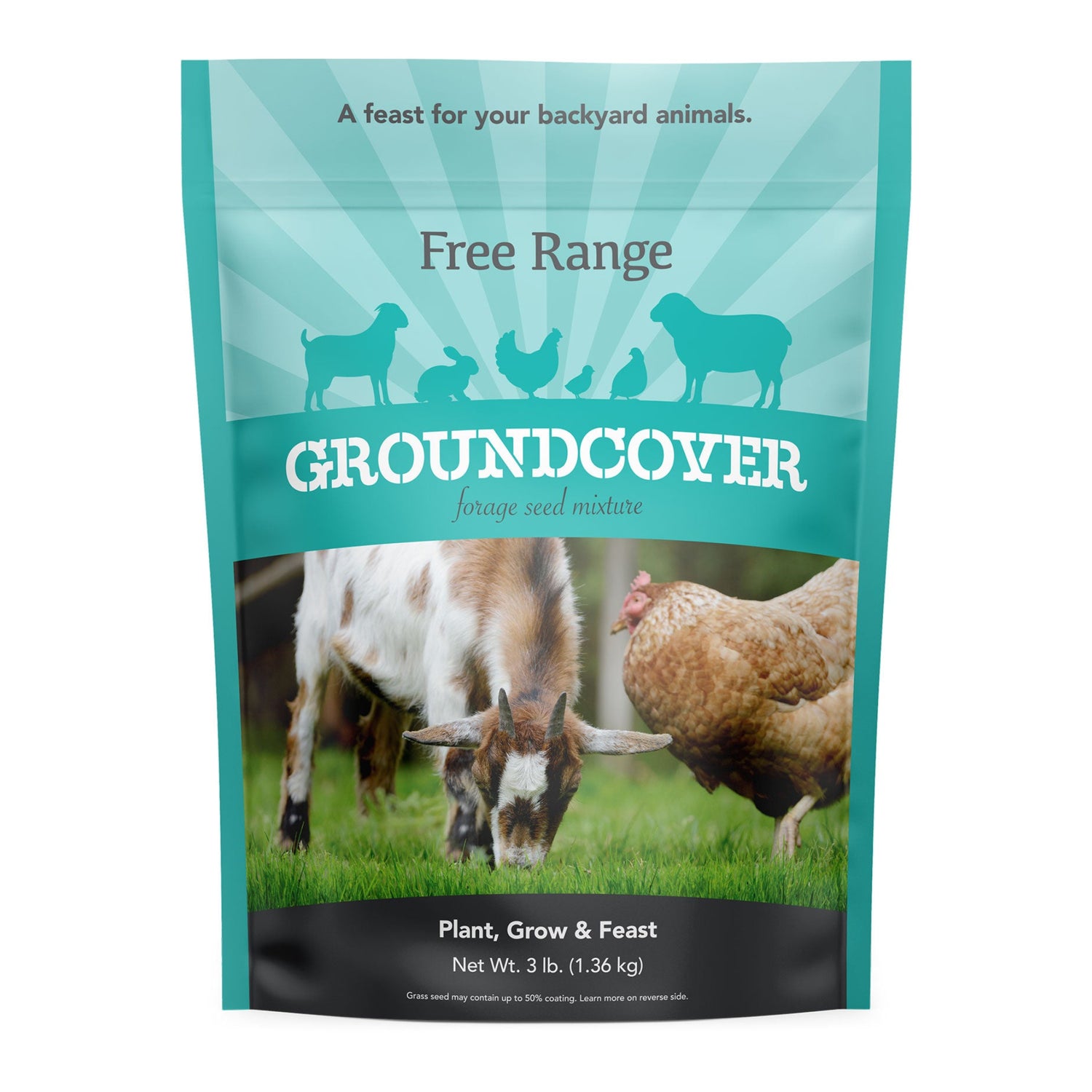 Package of Groundcover for backyard animals with images of a goat and chicken on a white background