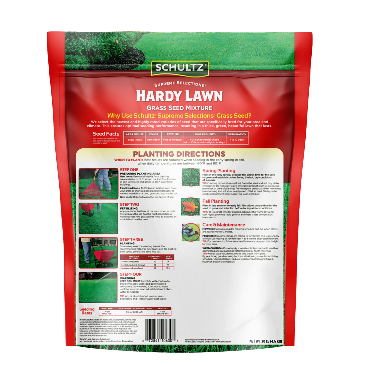 Schultz Hardy Lawn grass seed package with planting directions on a white background