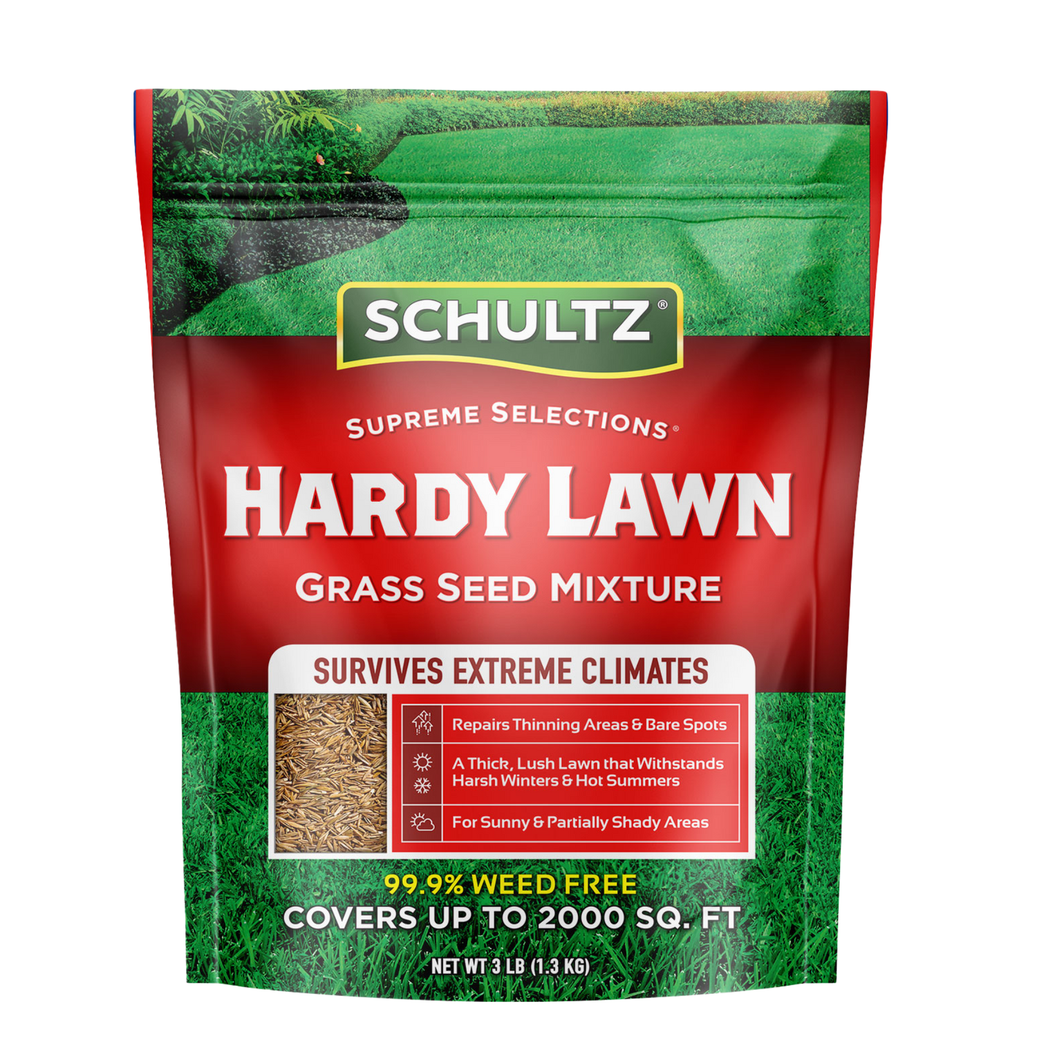 Schultz Hardy Lawn grass seed mixture packaging on a white background