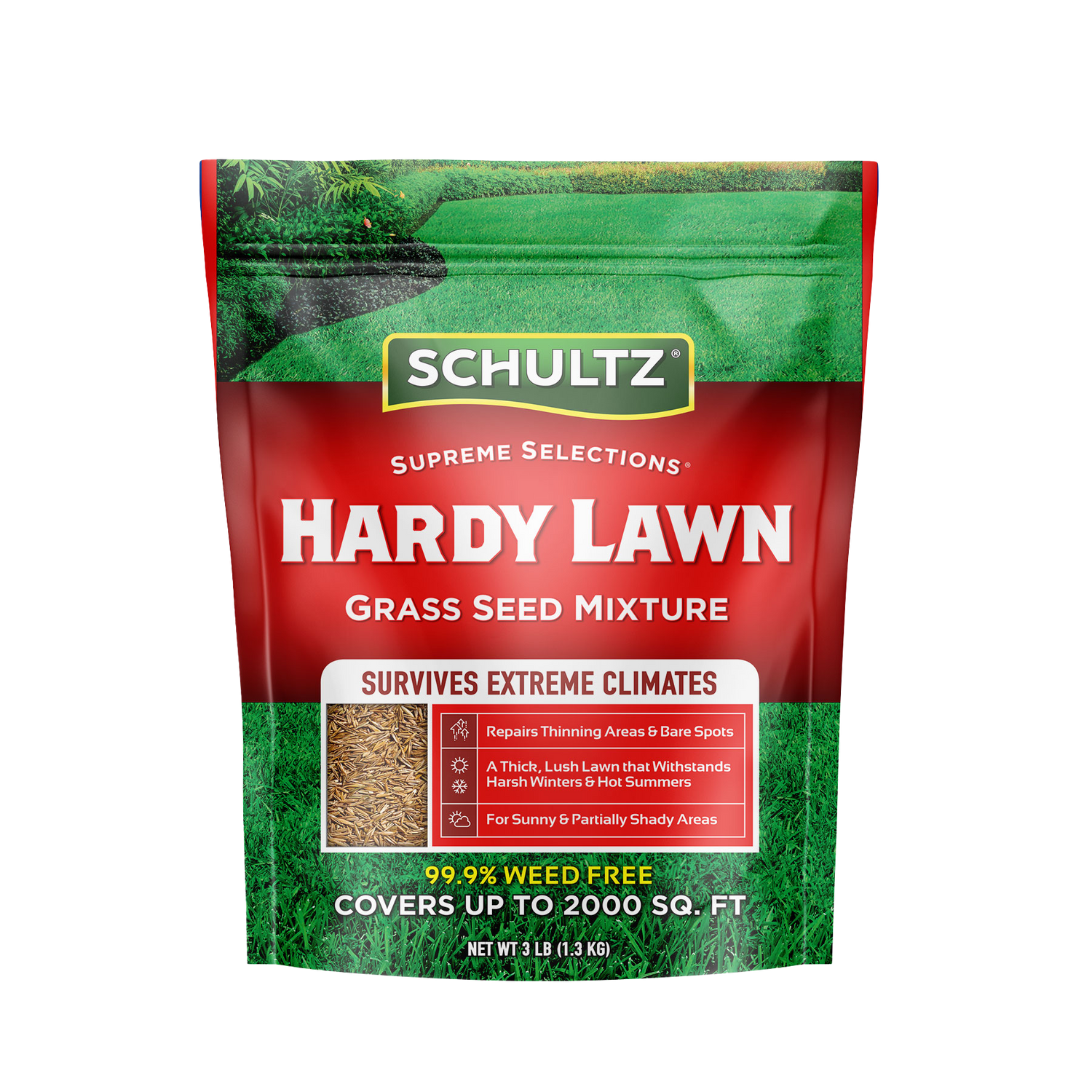 Schultz Hardy Lawn grass seed mixture packaging on a white background