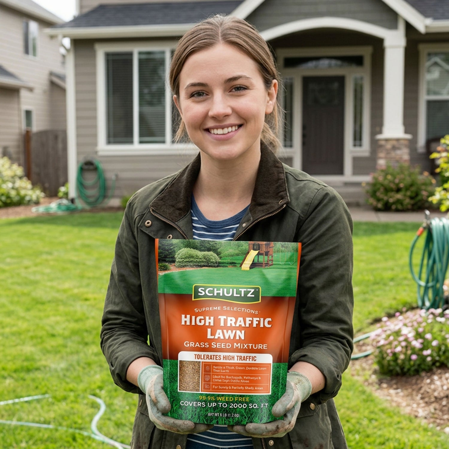 Woman holding a package of Schultz High Traffic Lawn Seed Mixture in front of a house.