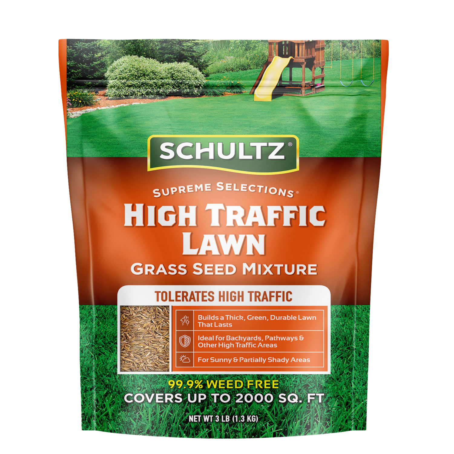 Schultz High Traffic Lawn Grass Seed Mixture packaging with a white background