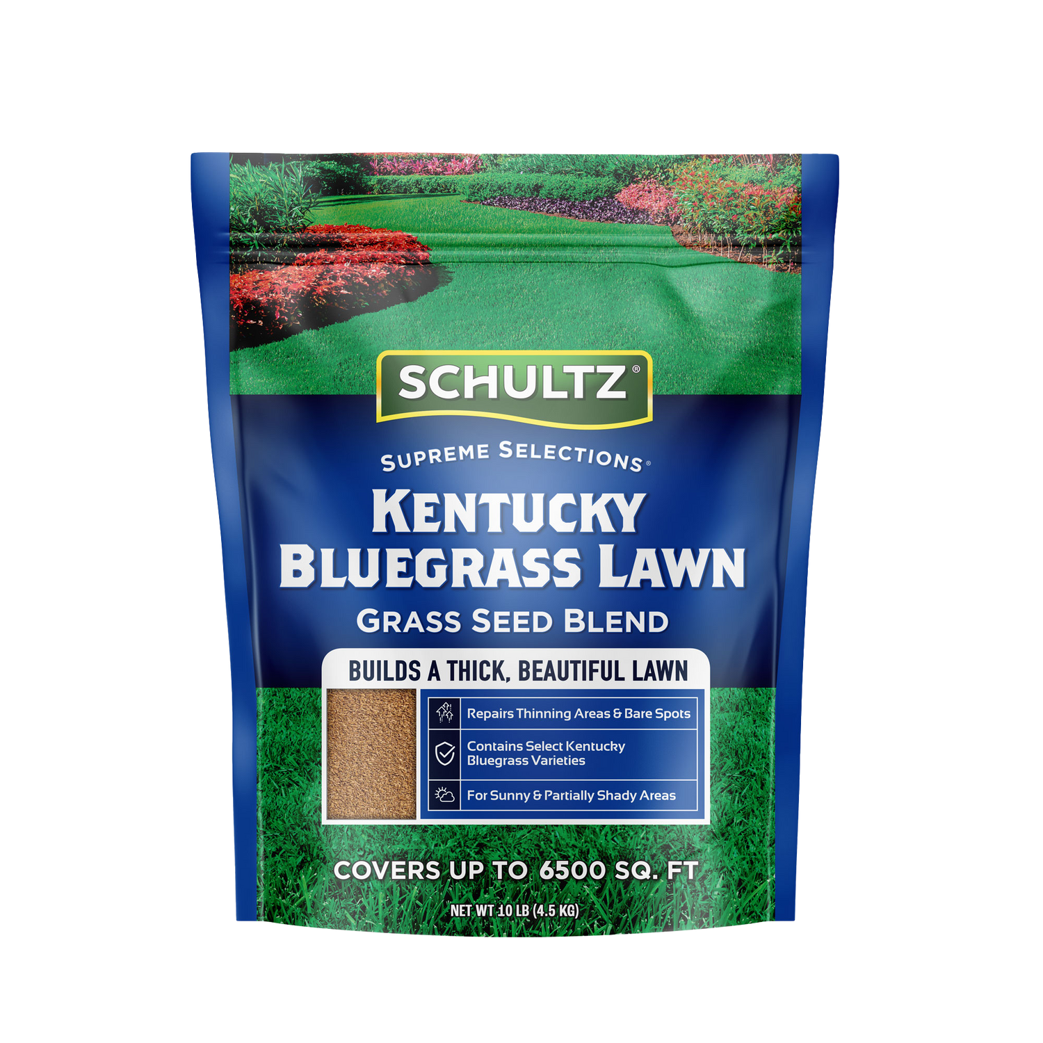Schultz Kentucky Bluegrass Lawn Seed Blend packaging on a white background