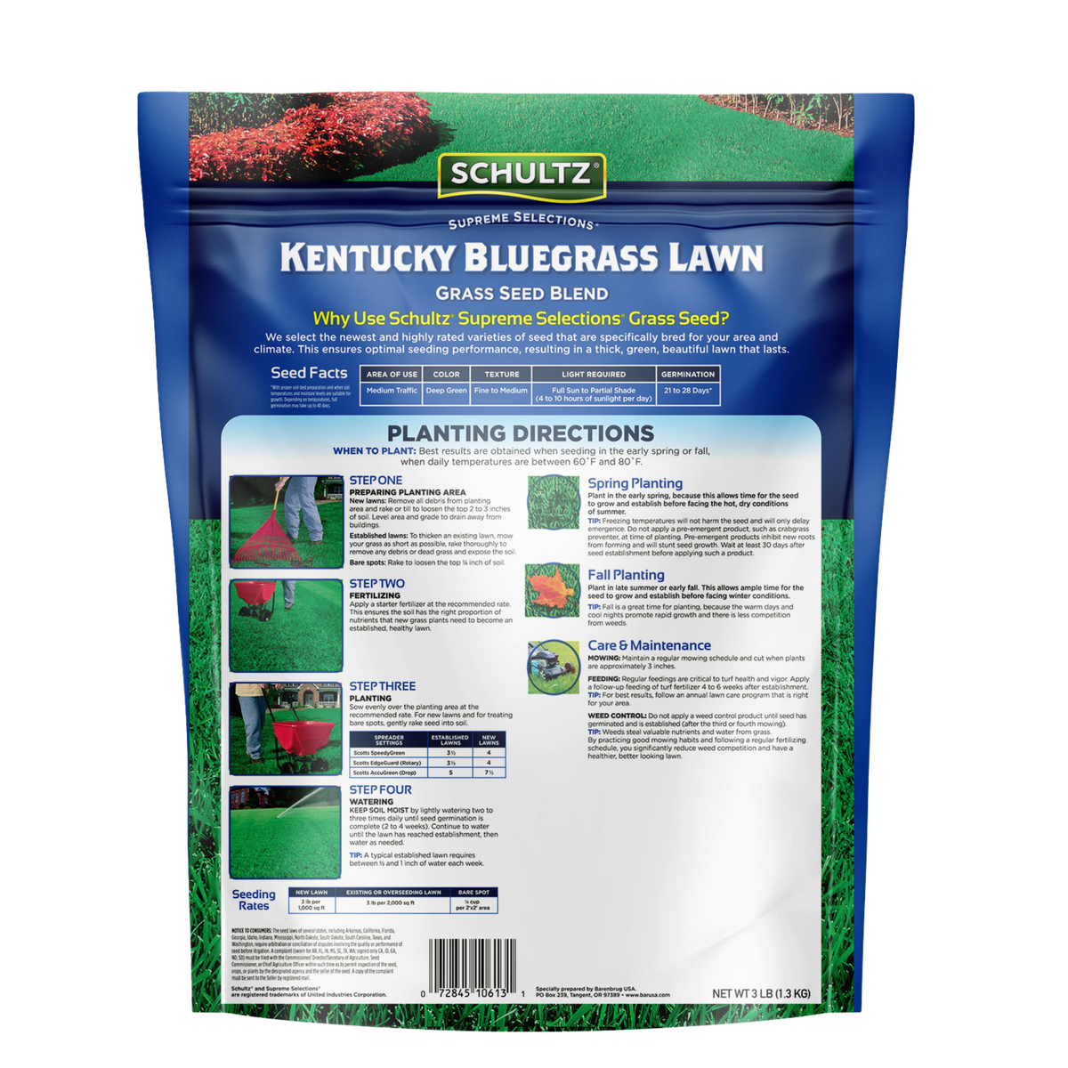 Schultz Kentucky Bluegrass Lawn Seed Blend packaging with planting directions on a white background