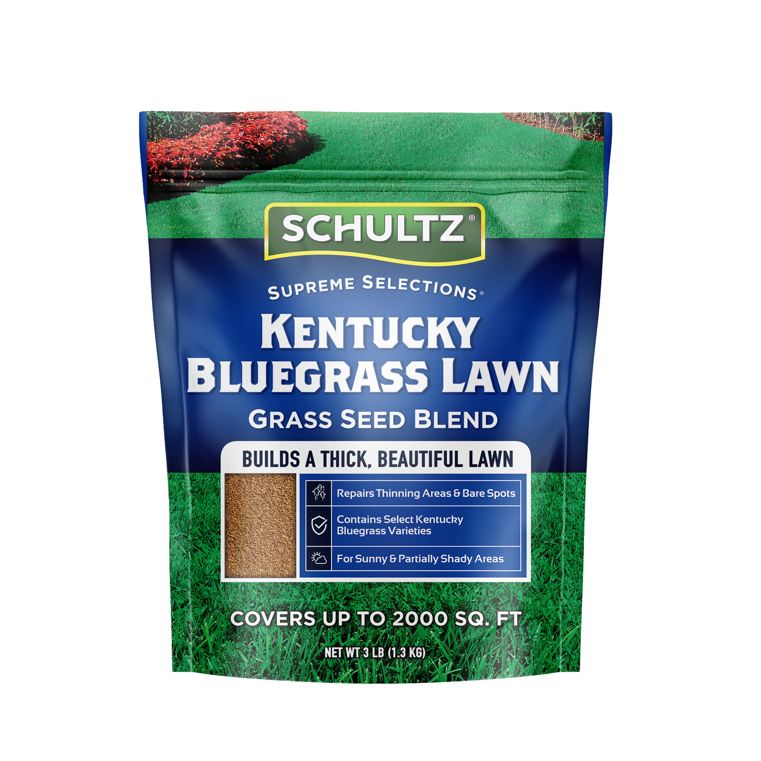 Schultz Kentucky Bluegrass Lawn Seed Blend packaging on a white background