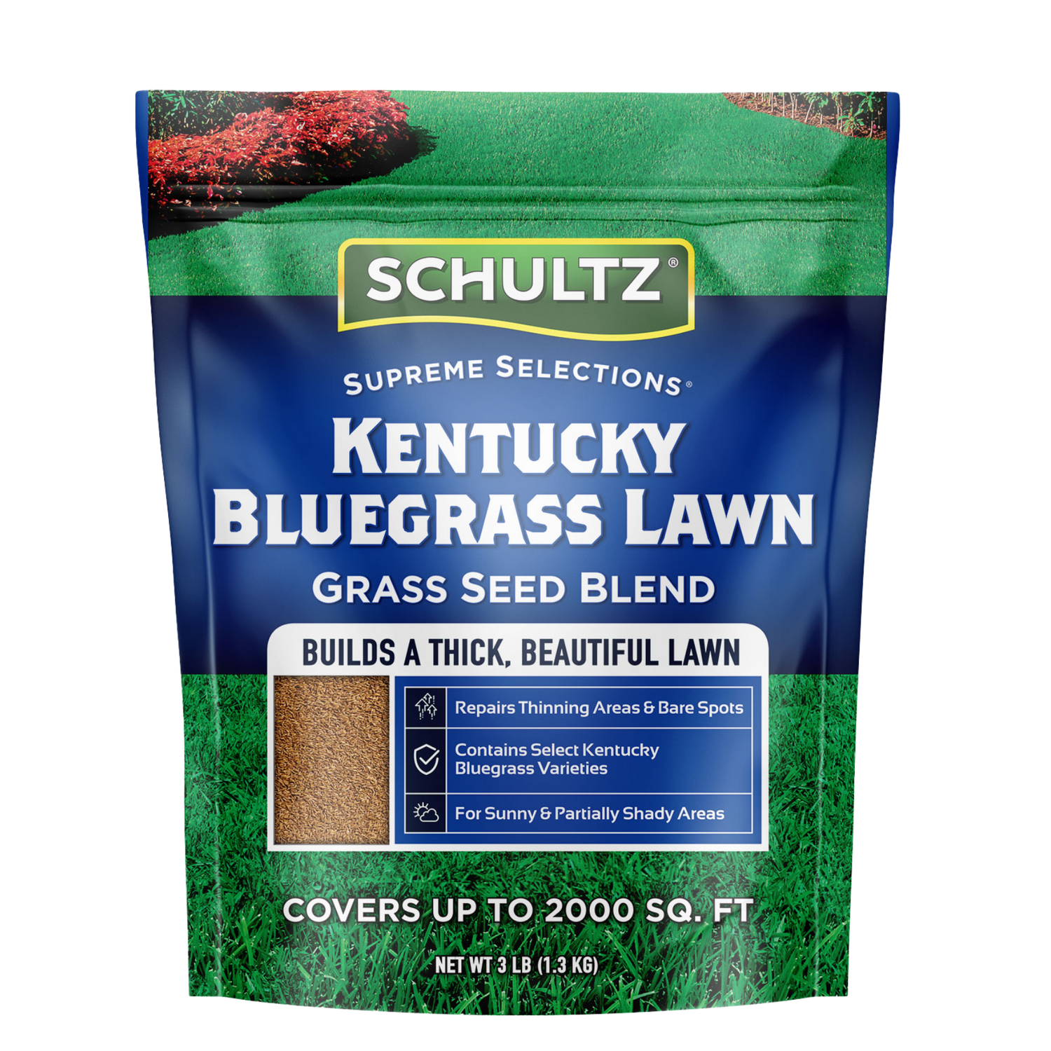 Schultz Kentucky Bluegrass Lawn Seed Blend packaging on a white background