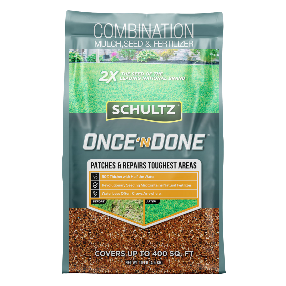 Schultz Once 'N Done combination mulch, seed, and fertilizer package on a white background