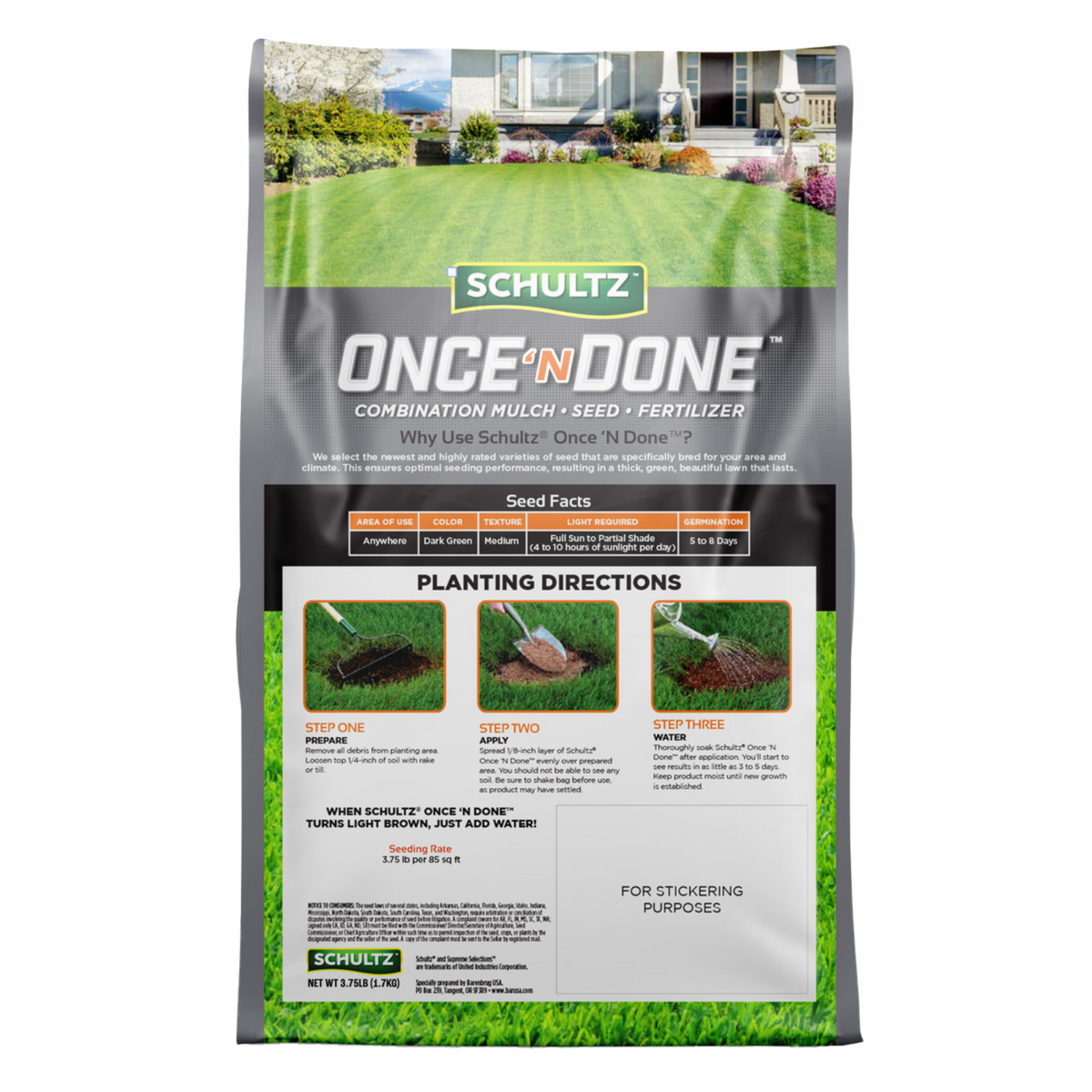 Schultz Once N Done lawn care product packaging on a white background