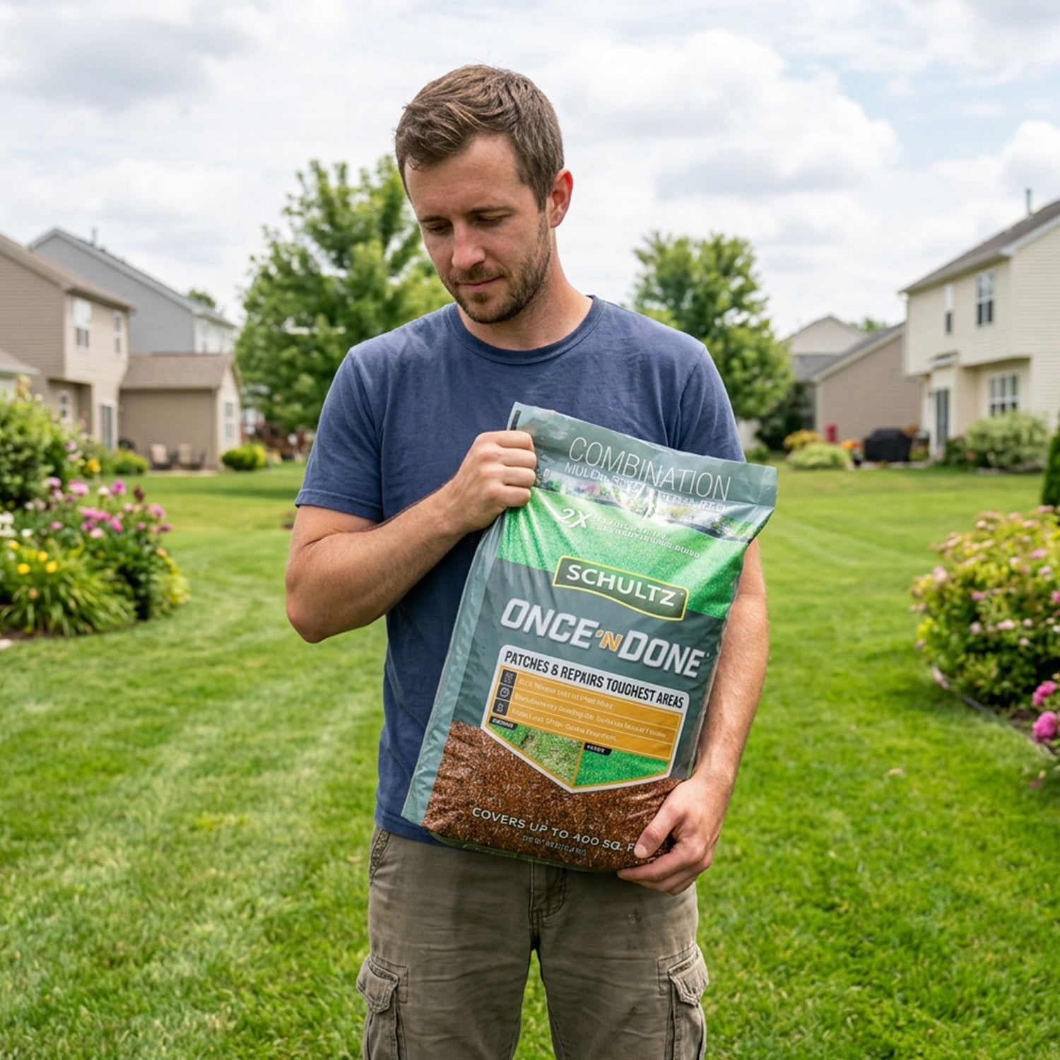 Man holding a package of Schultz Once & Done lawn repair product in a grassy area.
