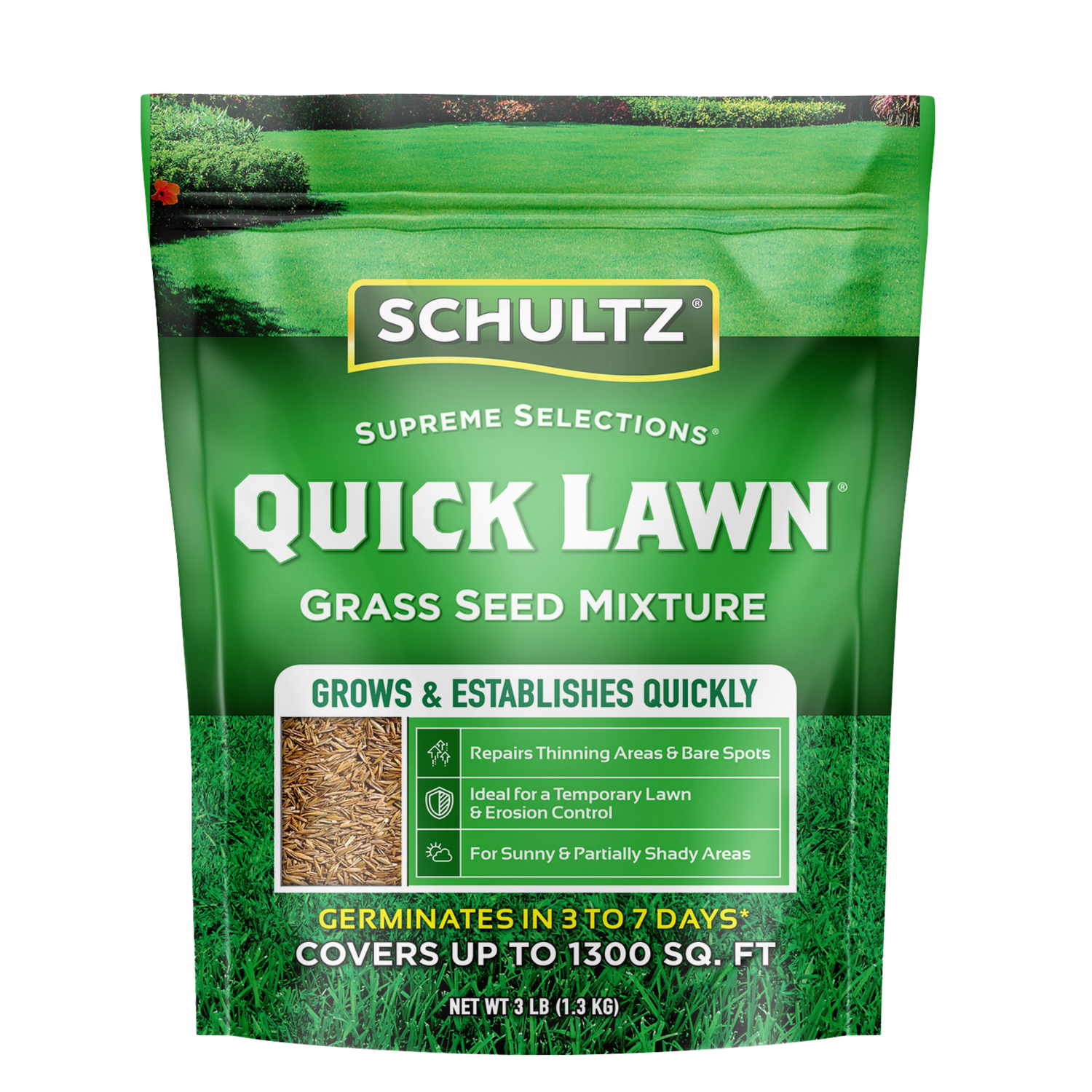 Schultz Quick Lawn grass seed mixture packaging on a white background