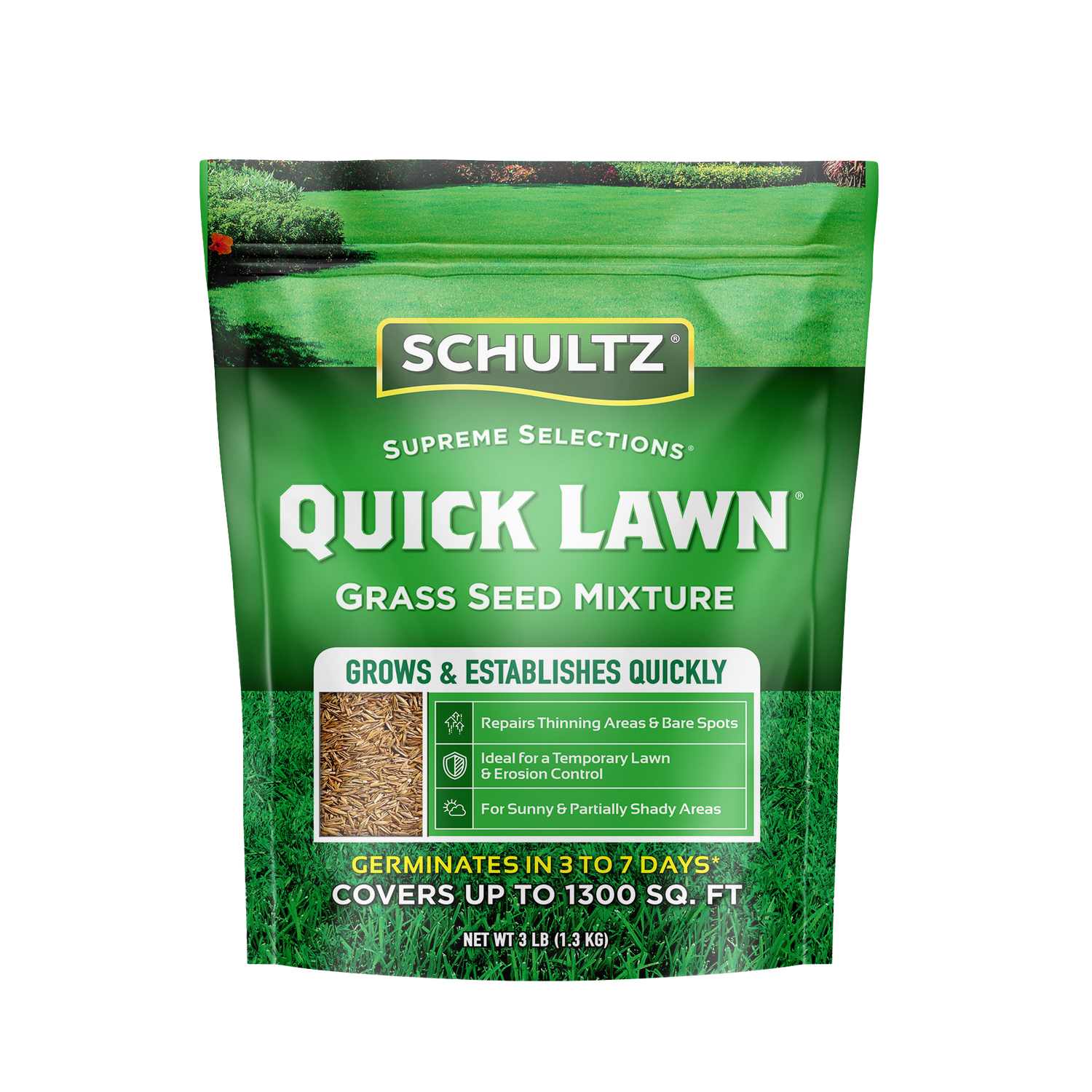 Schultz Quick Lawn grass seed mixture packaging on a white background
