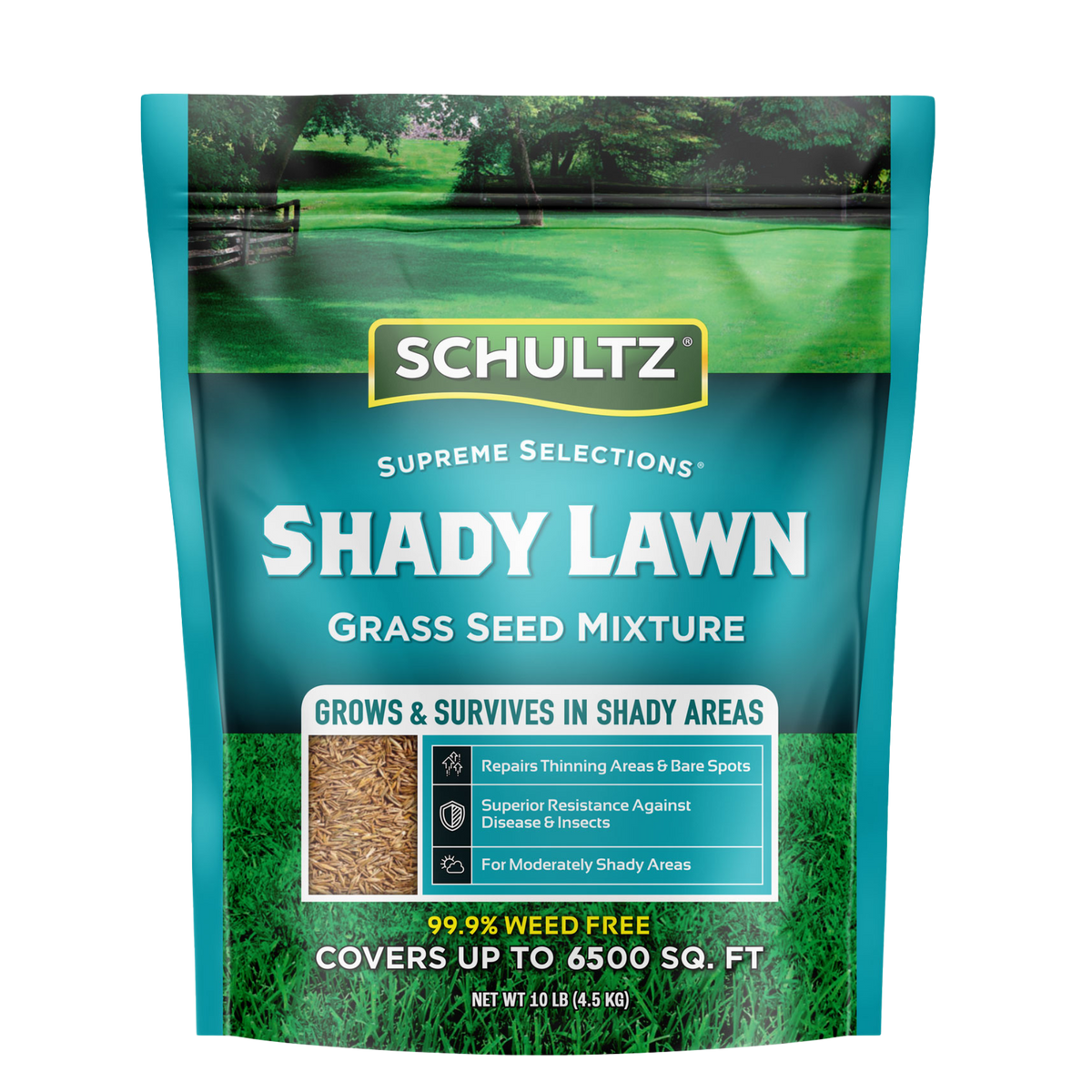 Schultz Shady Lawn grass seed mixture packaging on a white background