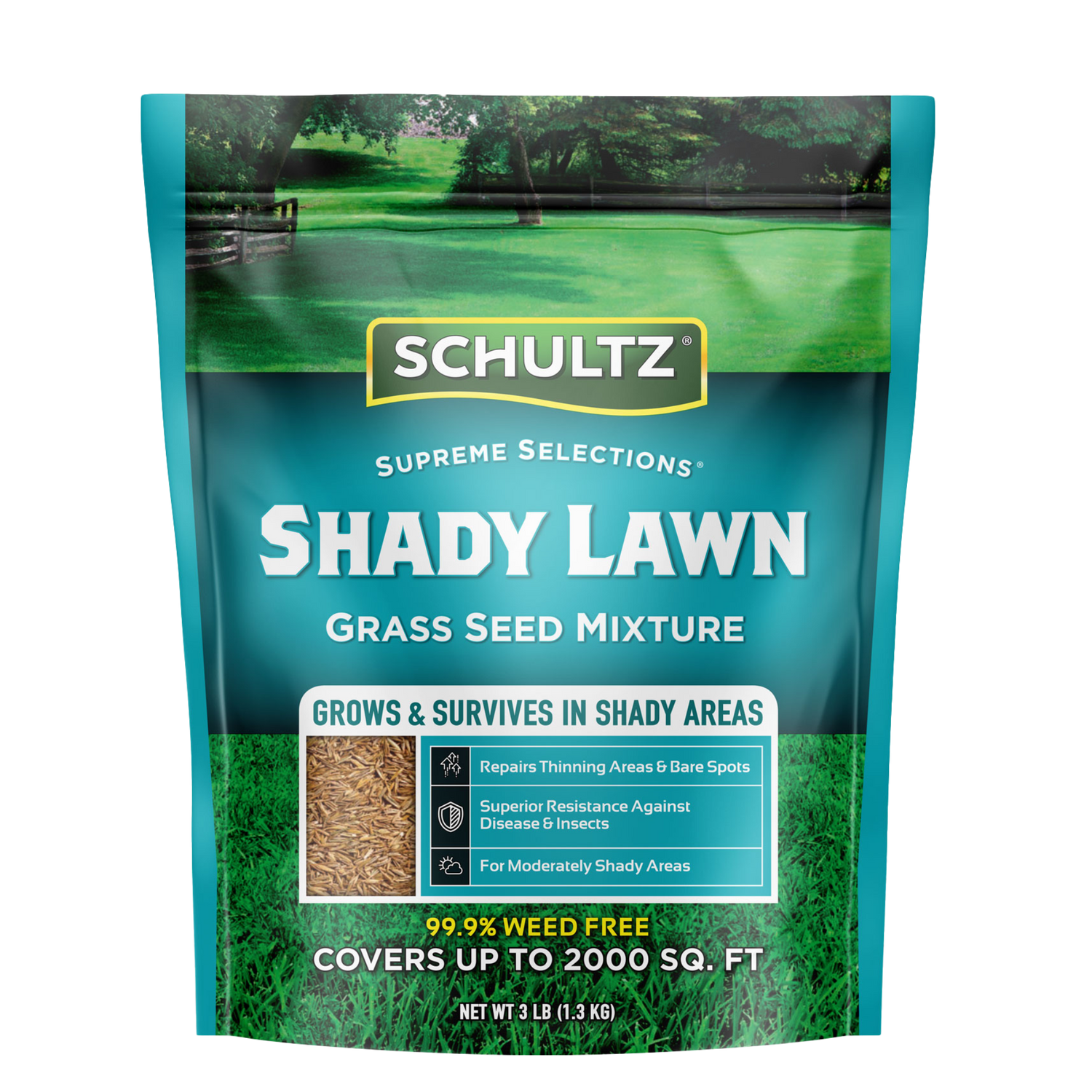 Schultz Shady Lawn grass seed mixture packaging on a white background