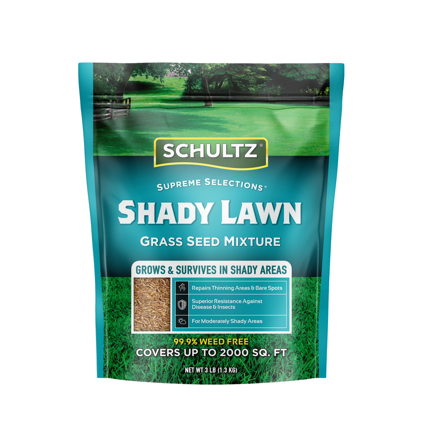 Schultz Shady Lawn grass seed mixture packaging on a white background