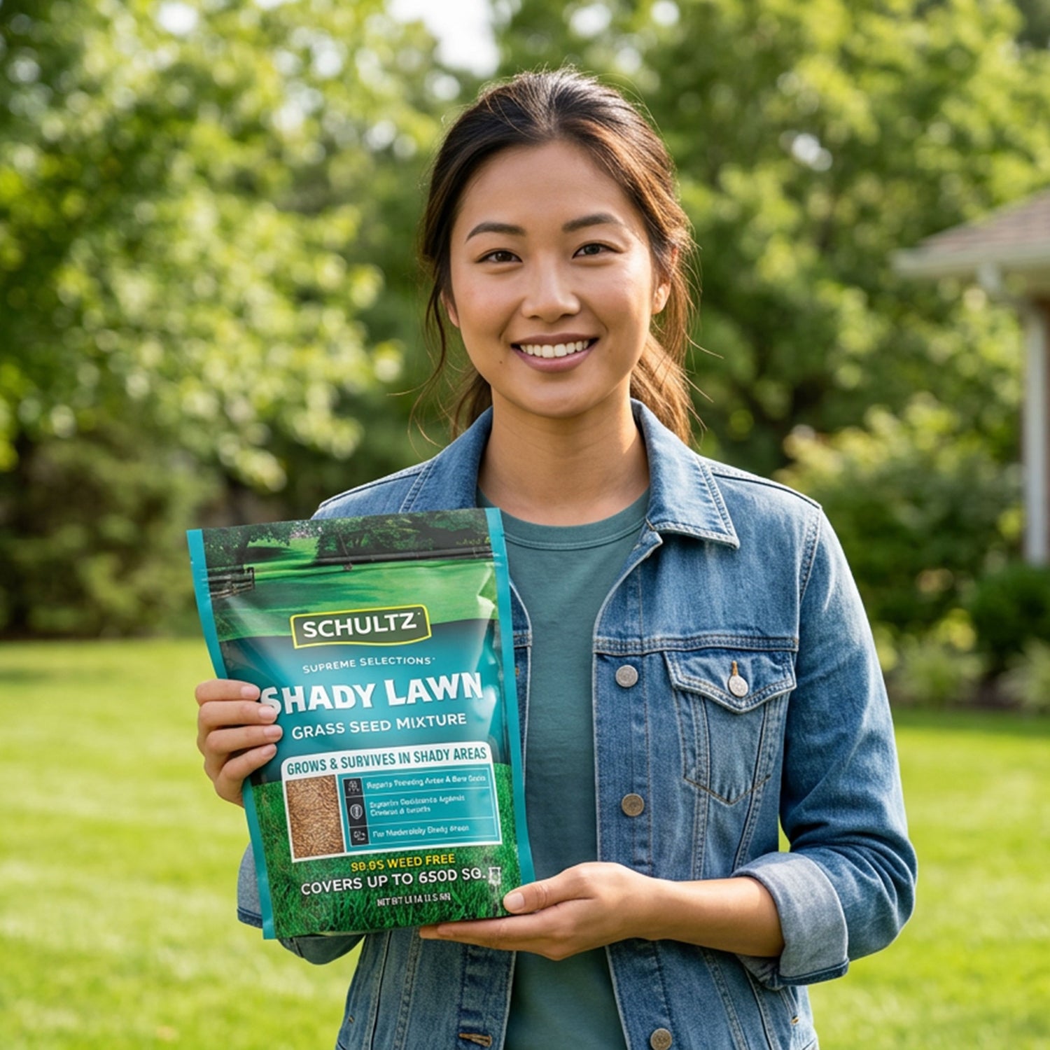 Woman holding a package of Schultz Shady Lawn grass seed mixture in a garden setting