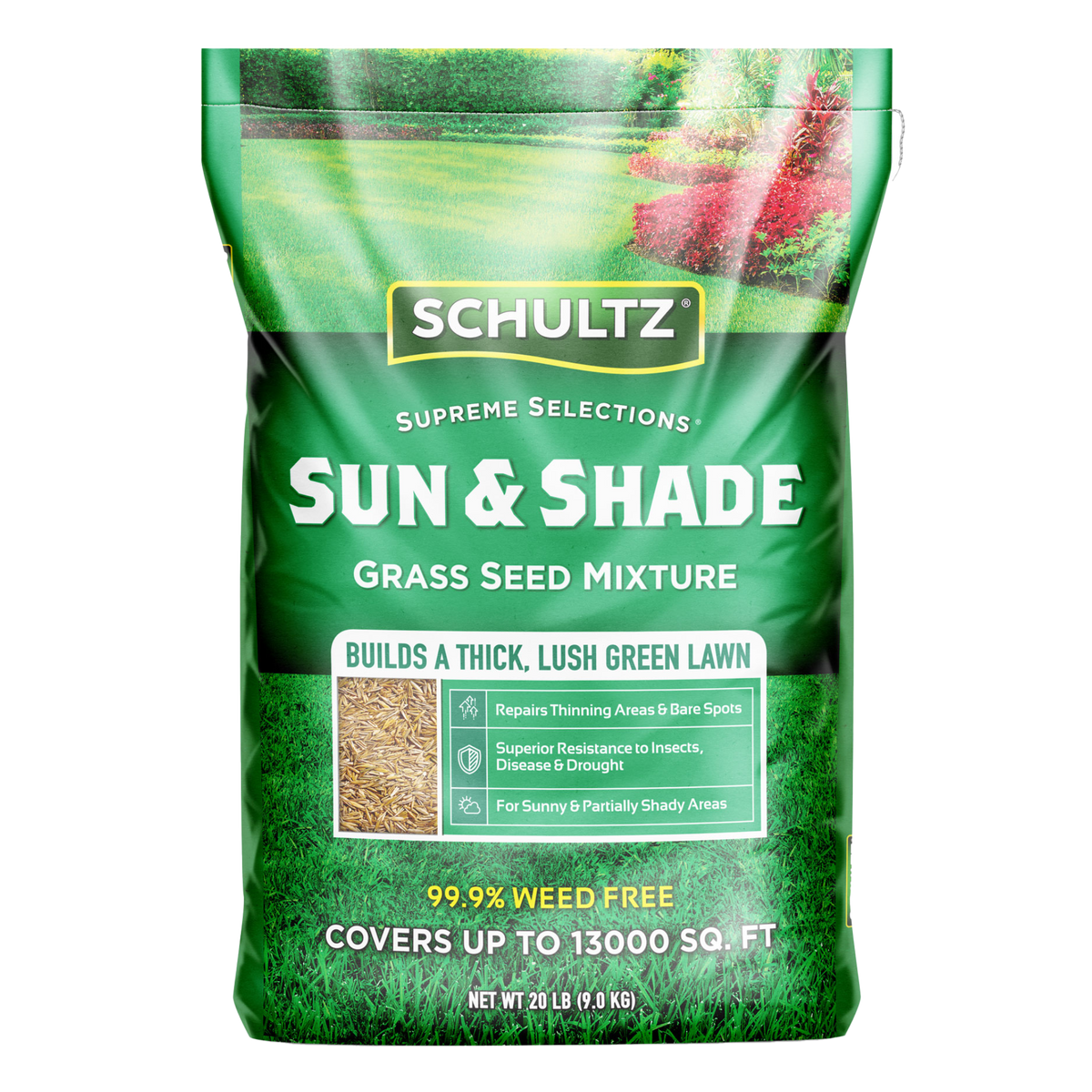 Schultz Sun & Shade grass seed mixture packaging on a white background