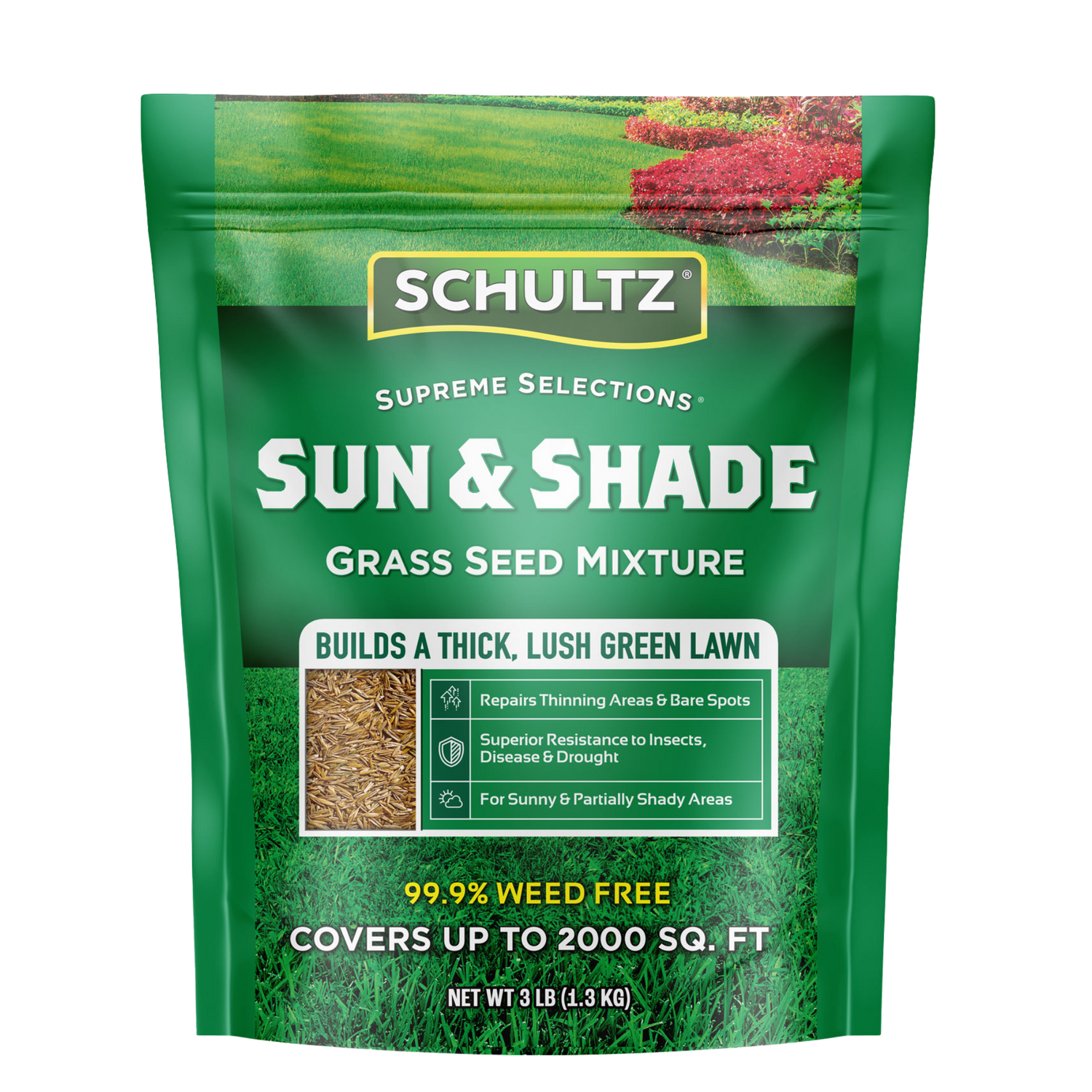 Schultz Sun & Shade grass seed mixture packaging on a white background