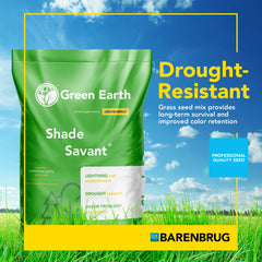 Green Earth Shade Savant grass seed mix packaging with a blue sky and grass background