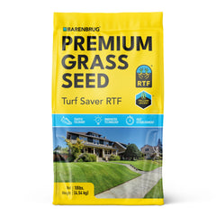 Barenbrug Premium Grass Seed package with a house and lawn on a yellow background