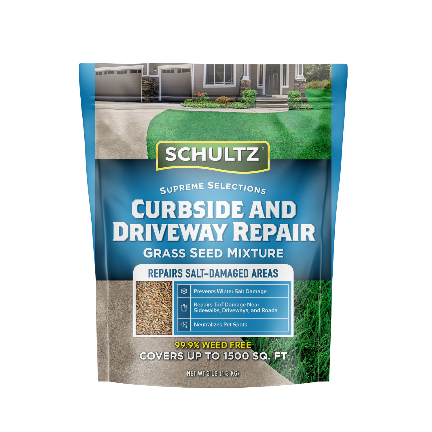 Schultz curbside and driveway repair grass seed mixture packaging on a white background