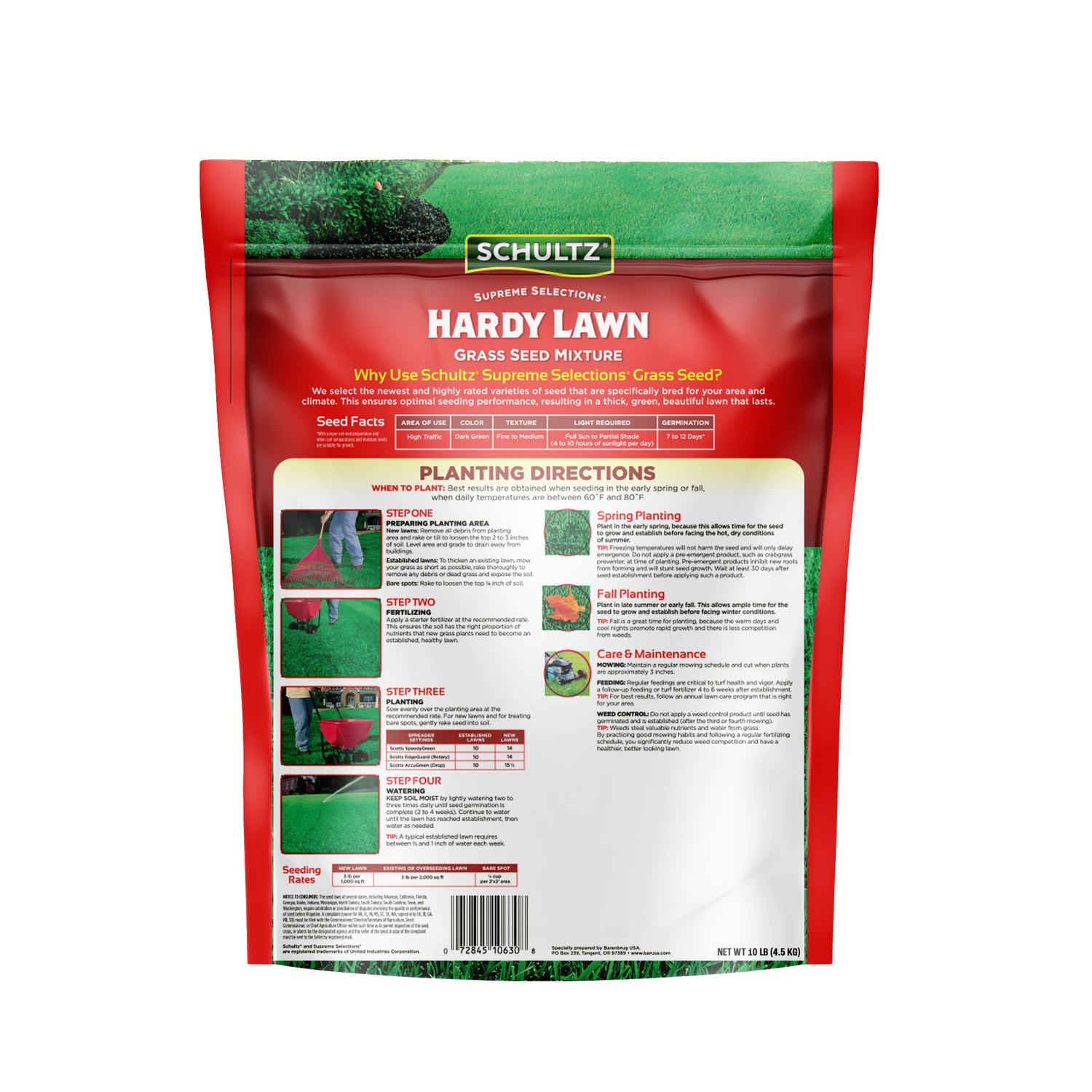 Schultz Hardy Lawn grass seed package with planting directions on a white background