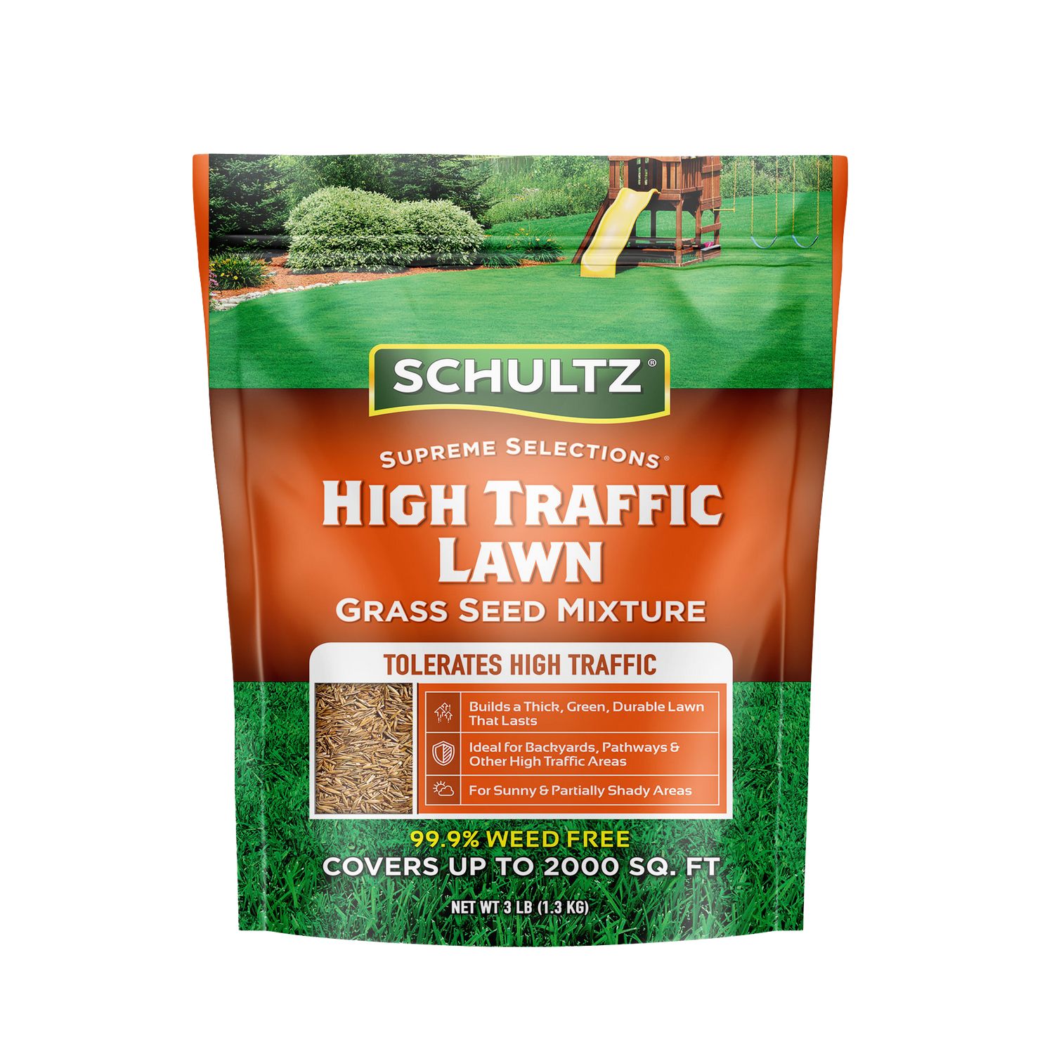 Schultz High Traffic Lawn Grass Seed Mixture packaging with a white background