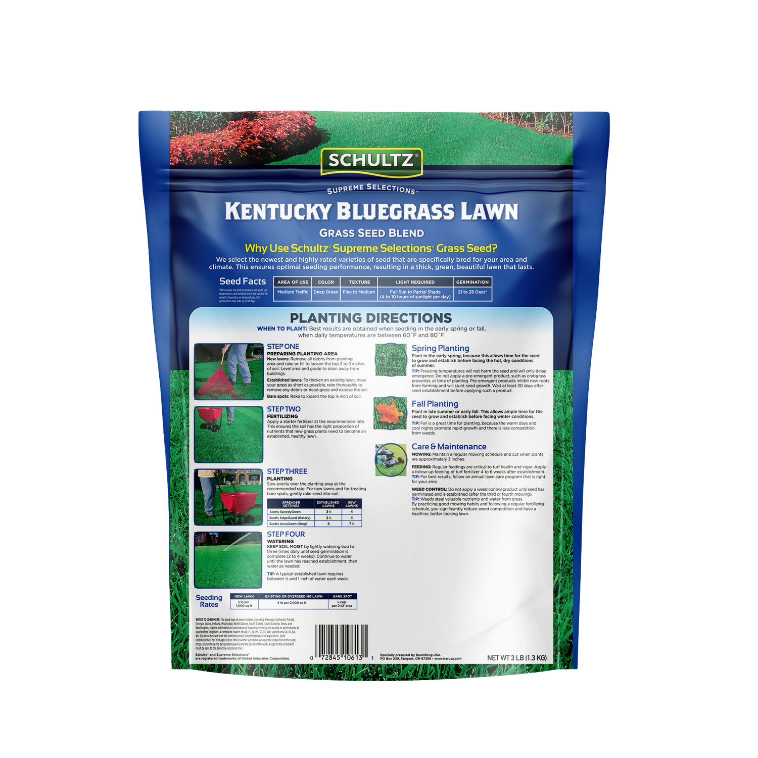Schultz Kentucky Bluegrass Lawn Seed Blend packaging with planting directions on a white background