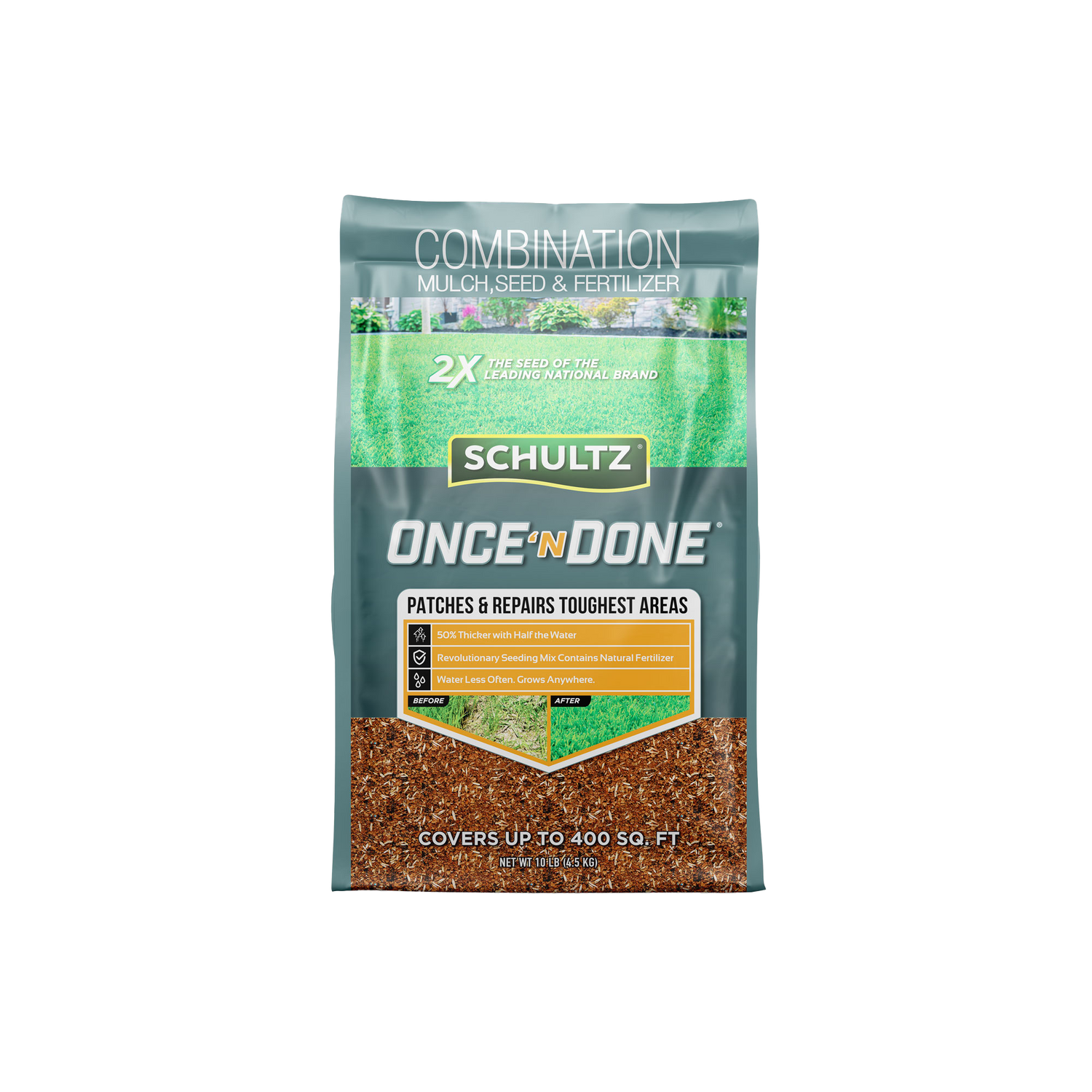 Schultz Once 'N Done combination mulch, seed, and fertilizer package on a white background