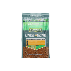 Schultz Once 'N Done combination mulch, seed, and fertilizer package on a white background