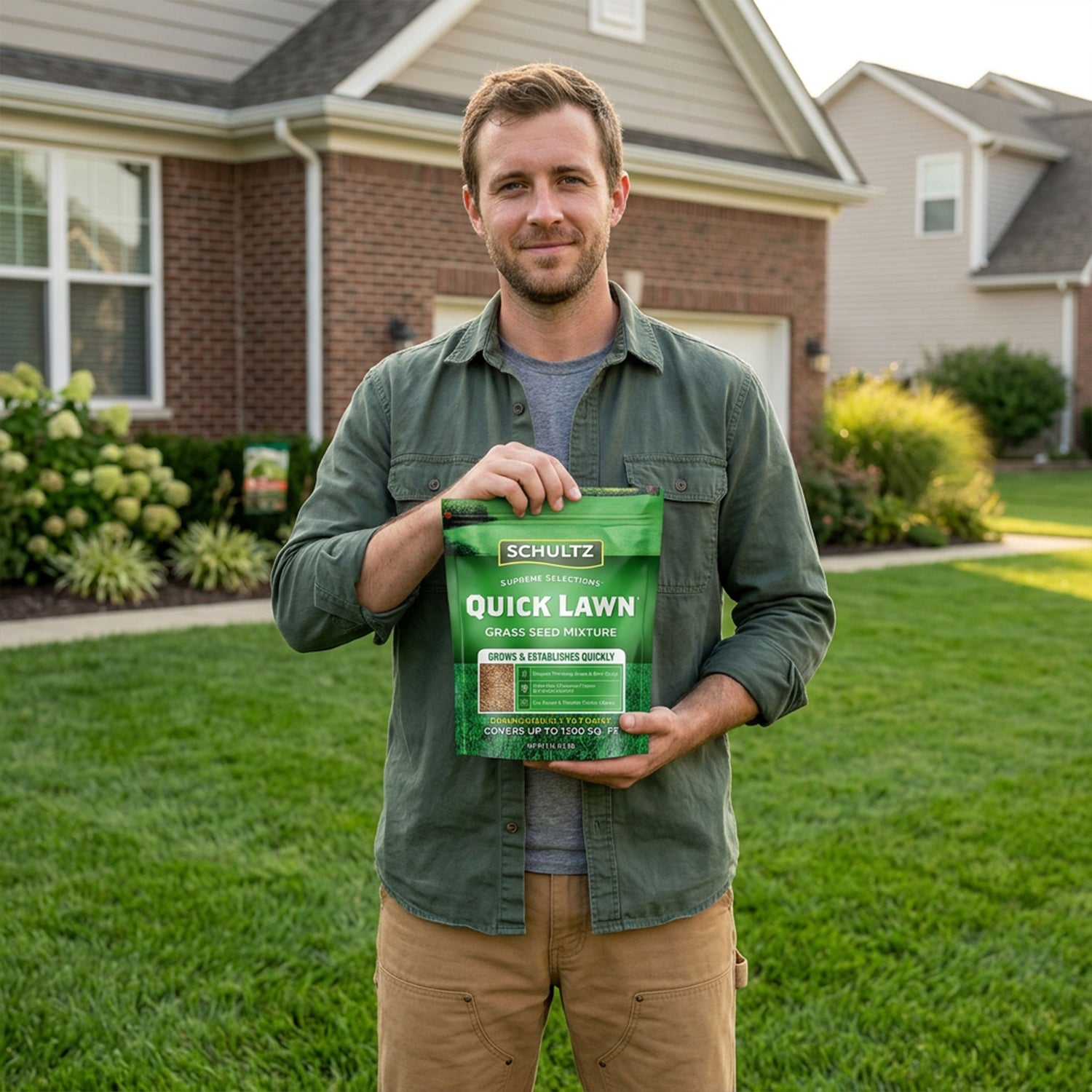 Man holding a package of Schultz Quick Lawn in front of a house with a well-maintained lawn.