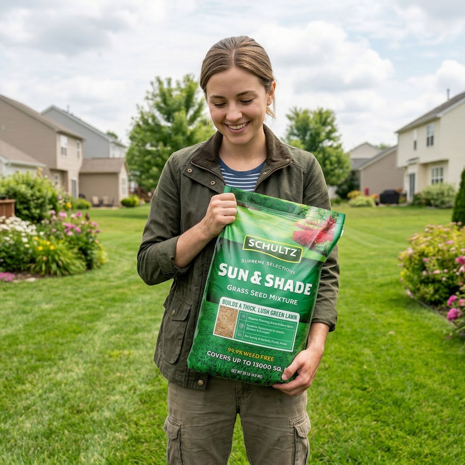 Woman holding a bag of Schultz Sun & Shade grass seed mixture in a garden setting.