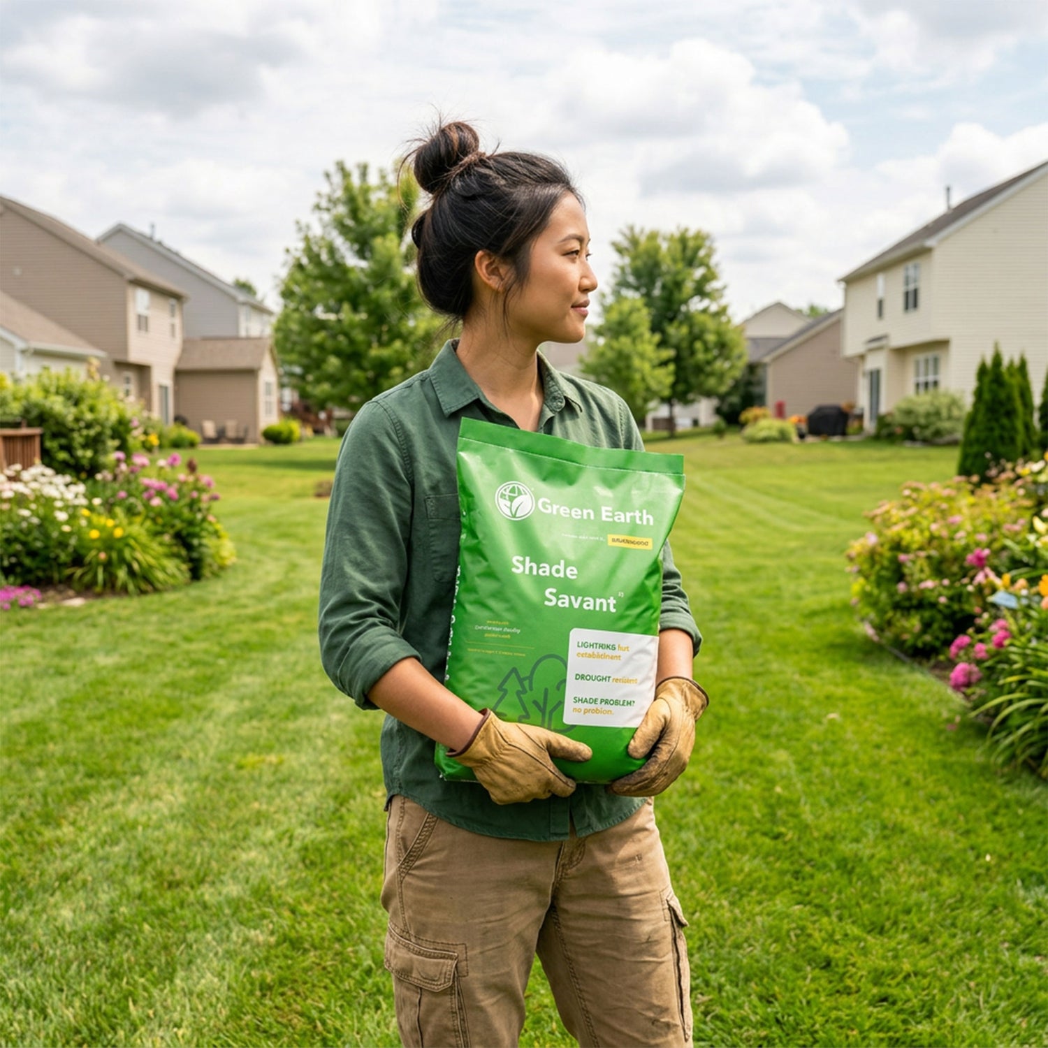 Woman holding a Green Earth Shade Savant bag in a garden setting