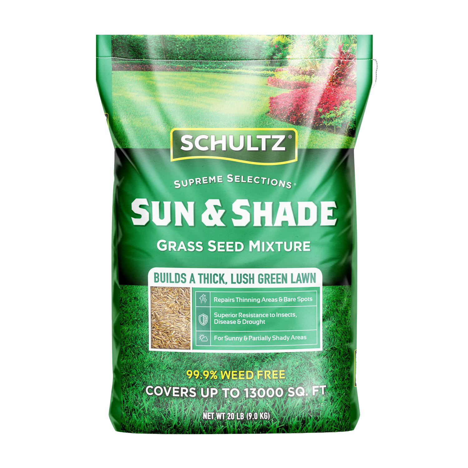 Schultz Sun & Shade grass seed mixture packaging on a white background