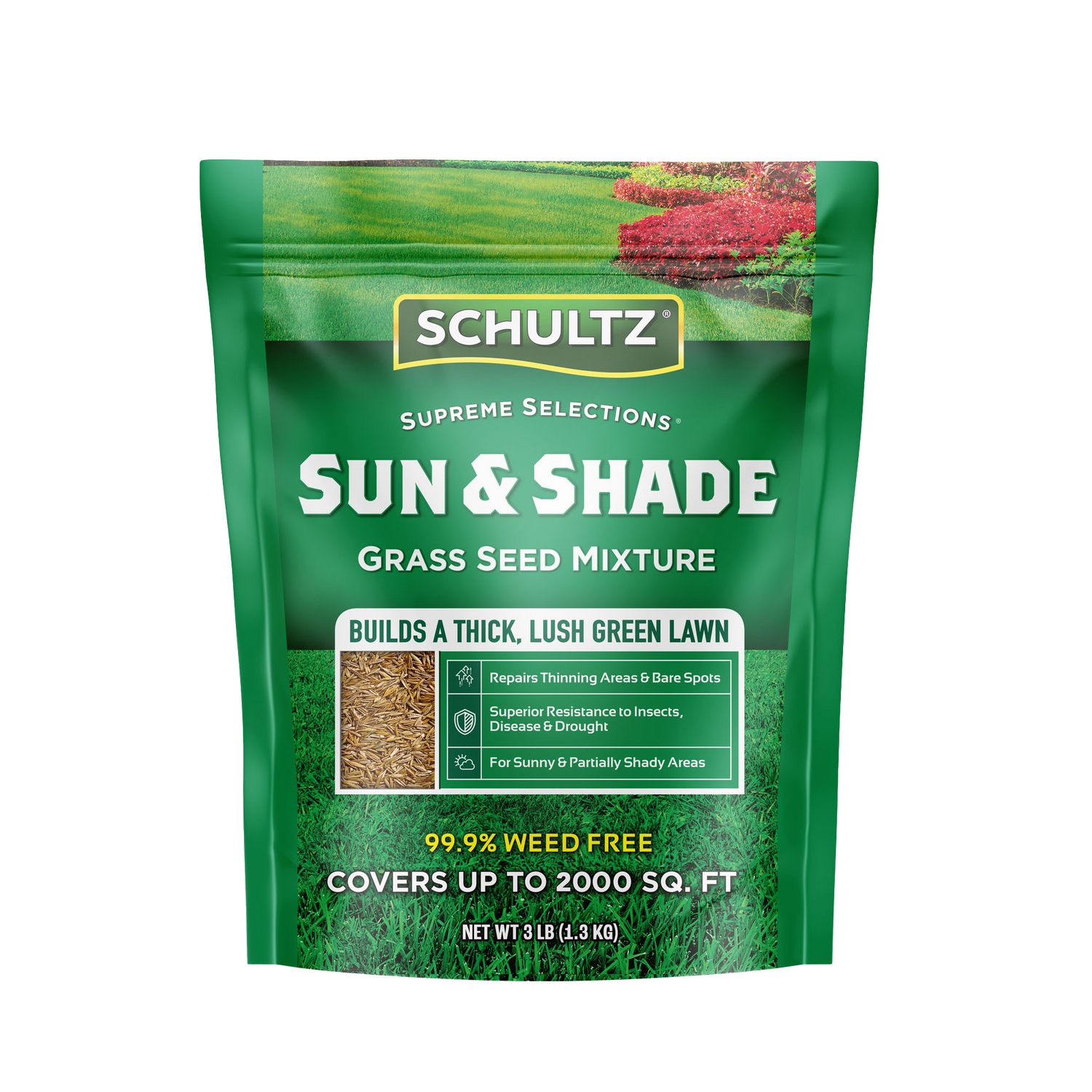Schultz Sun & Shade grass seed mixture packaging on a white background