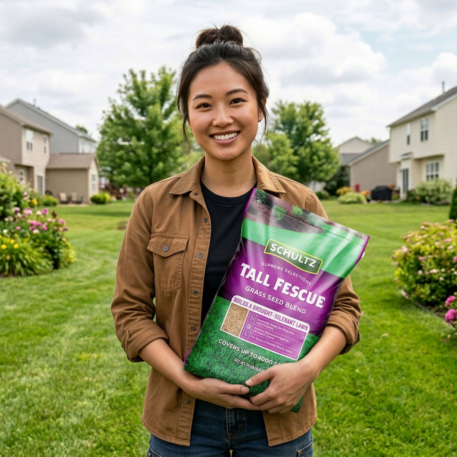 Woman holding a bag of Schultz Tall Fescue grass seed blend in a garden setting