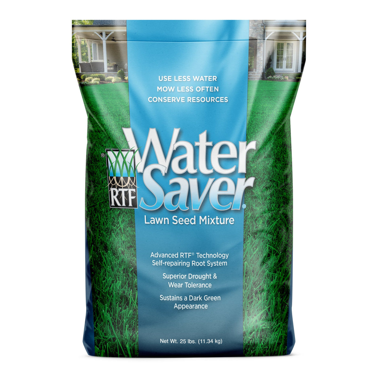 Bag of Water Saver lawn seed mixture with text on a white background