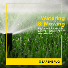 Sprinkler watering grass with Barenbrug branding and lawn care instructions.